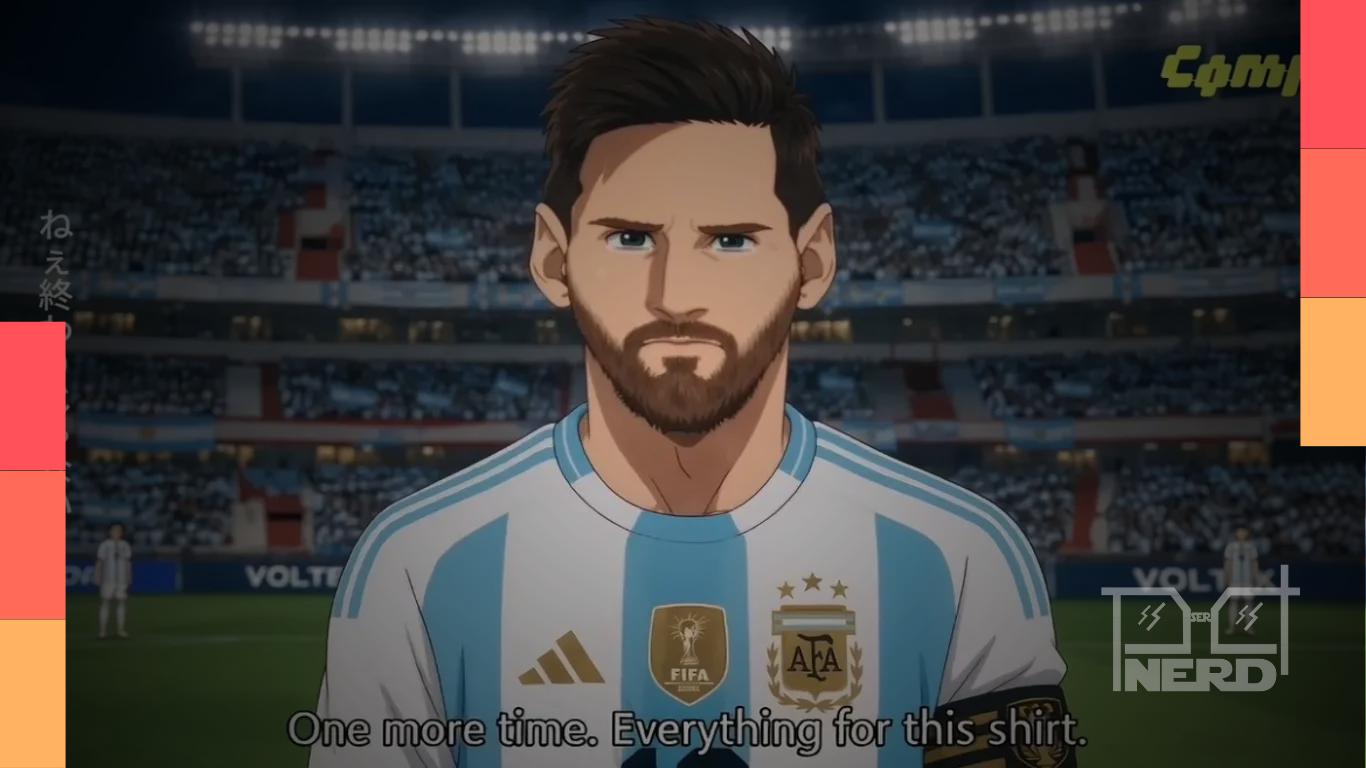 Lionel Messi aparece em uma animação em estilo anime criada por Leonardo Dewa como homenagem à sua despedida da seleção argentina.