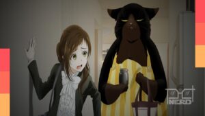 Yukichi, o enorme gato preto que cuida da casa no anime O Gato Prendado Está Deprimido Hoje de Novo