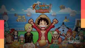 Gameplay de ONE PIECE: Grand Gourmet mostrando o restaurante Baratie em pixel art