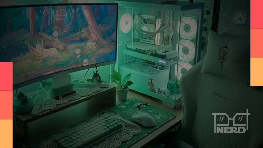 Computador gamer com gabinete iluminado e componentes internos em destaque