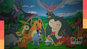Ash Ketchum ao lado de Pikachu e de Pokémon que fizeram parte de sua jornada