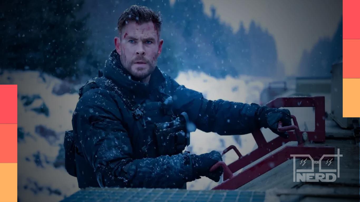 Chris Hemsworth como Tyler Rake em imagem promocional de Resgate, franquia de ação da Netflix.