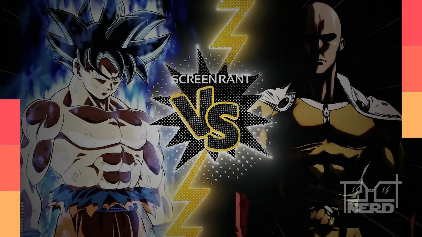 Ilustração temática de Saitama e Goku em um debate sobre quem venceria uma luta
