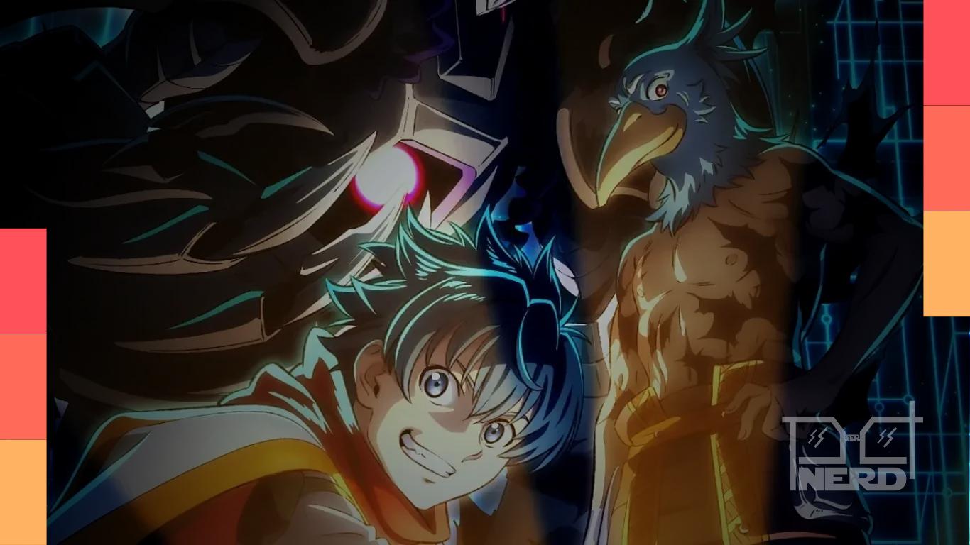 Arte promocional da terceira temporada de Shangri-La Frontier com Lucas como Dr. Sandalphone diante de Yggdraia.