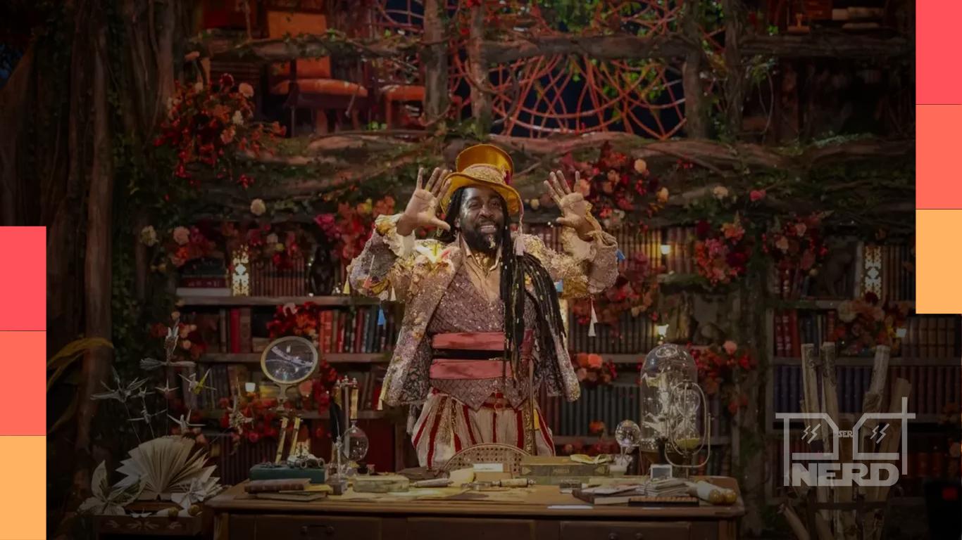 Cenário do Show da Esperança 2026, com biblioteca mágica e floresta inspirada na natureza brasileira
