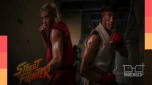 Ryu e Ken em uma cena de animação 2D do filme Street Fighter