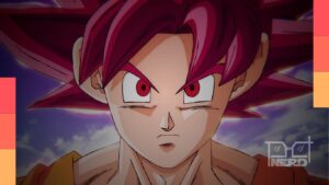 Goku na forma Super Saiyan God com aura vermelha no Episódio 4 de Dragon Ball Super: Beerus