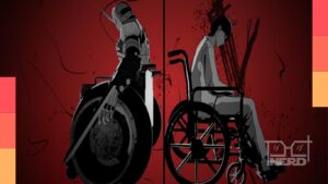 Imagem promocional do anime Tank Chair, sobre um assassino que luta em uma cadeira de rodas modificada