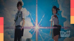 Estudantes de anime conversam no terraço de uma escola ao pôr do sol