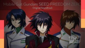 Artes das edições em CD e vinil da trilha sonora de Gundam SEED FREEDOM ZERO com Shinn, Kira e Athrun