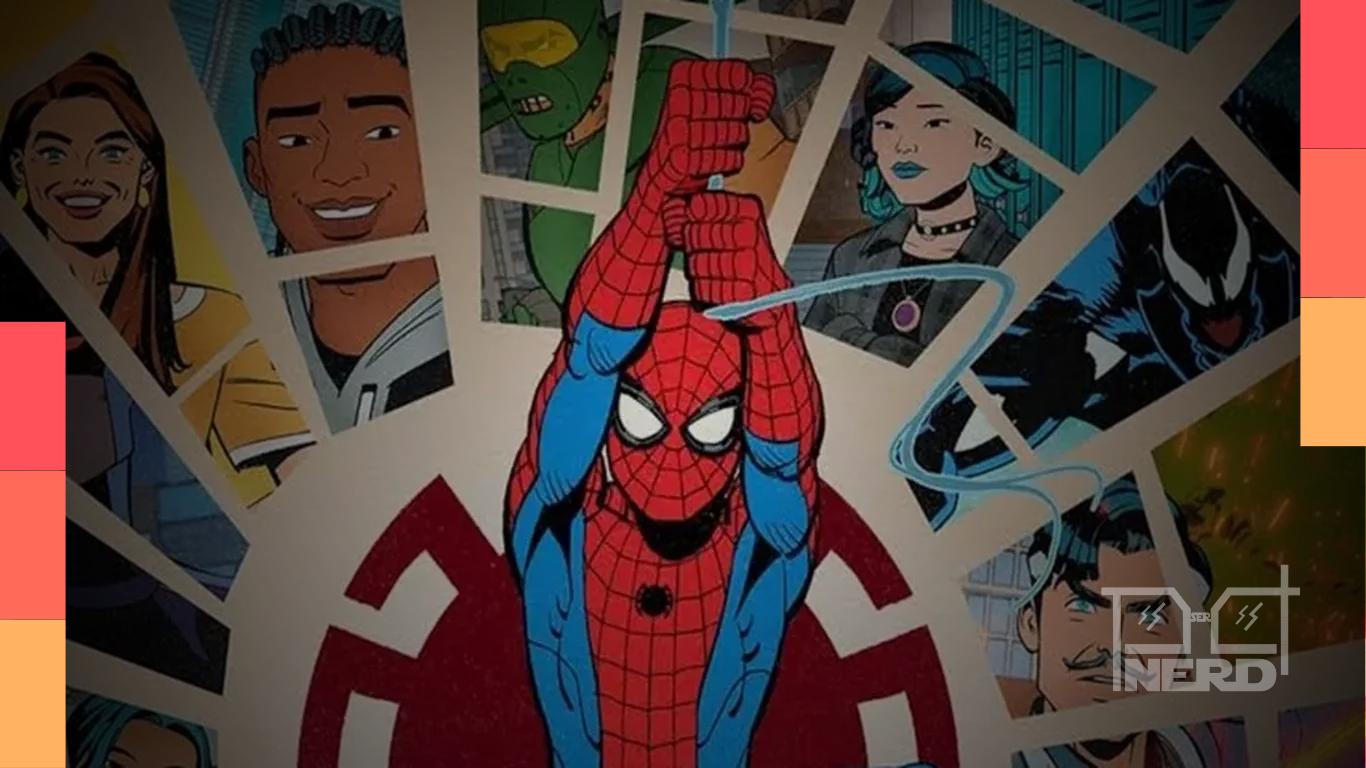Arte da segunda temporada mostra Peter Parker usando o uniforme simbionte em Seu Amigão da Vizinhança Homem-Aranha.