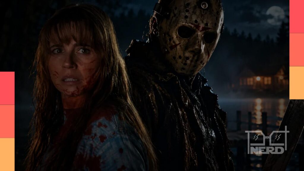 Pamela Voorhees e Jason com sua máscara de hóquei diante de uma mata escura
