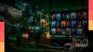 Pessoa escolhendo filmes e séries em uma plataforma de streaming na televisão