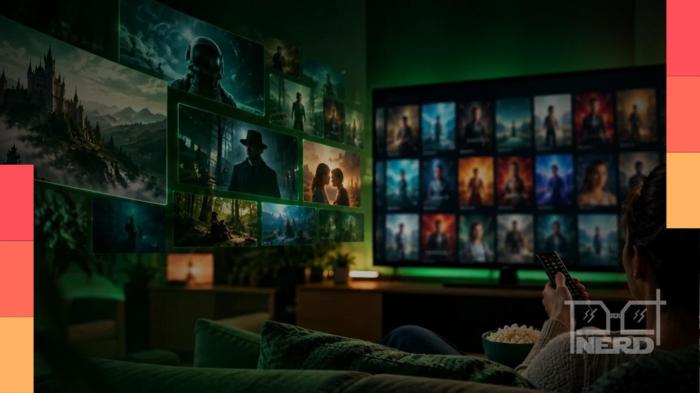 Pessoa escolhendo filmes e séries em uma plataforma de streaming na televisão