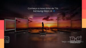 Televisão Samsung Vision AI exibindo conteúdo audiovisual em uma sala de estar