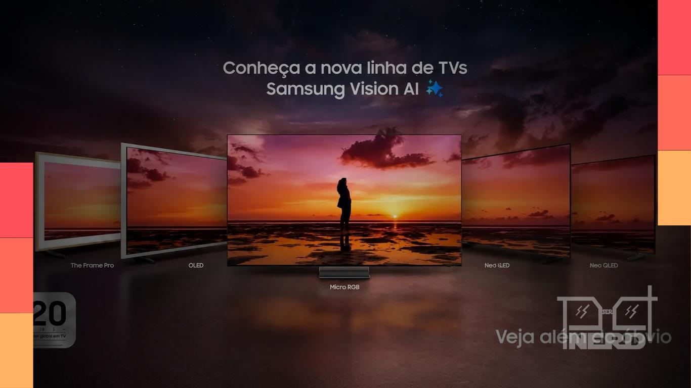 Televisão Samsung Vision AI exibindo conteúdo audiovisual em uma sala de estar