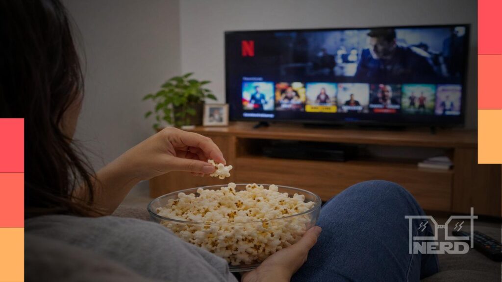 Pessoa aproveita o feriado prolongado para assistir a filmes e séries em casa