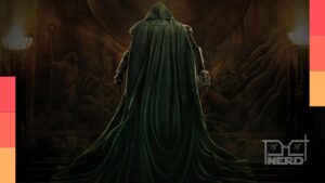 Victor Von Doom, interpretado por Robert Downey Jr., sentado em seu trono em Vingadores: Doutor Destino