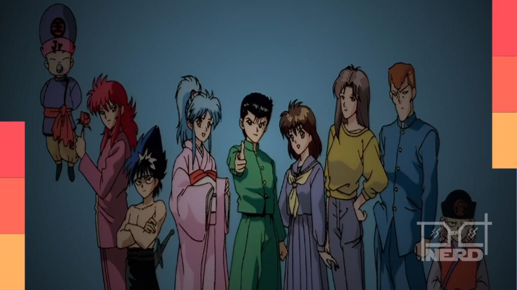 Yusuke Urameshi e os personagens de Yu Yu Hakusho em arte promocional do anime