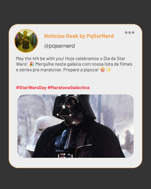 May the 4th be with you, galera! 🌌 Hoje é dia de celebrar tudo que amamos em Star Wars! 🎉 Então, que tal dar aquele pulo na nossa galáxia com uma maratona épica? Prepare a pipoca, escolha seu lado da Força e confere a lista de filmes e séries que separamos pra você. É pra deixar qualquer fanático do universo geek em êxtase! 🍿✨

Você vai rir, chorar e se emocionar com cada episódio. E não esquece: a força está com a gente! 

👉 Link na bio para a lista completa! 

#StarWarsDay #MaratonaGaláctica
